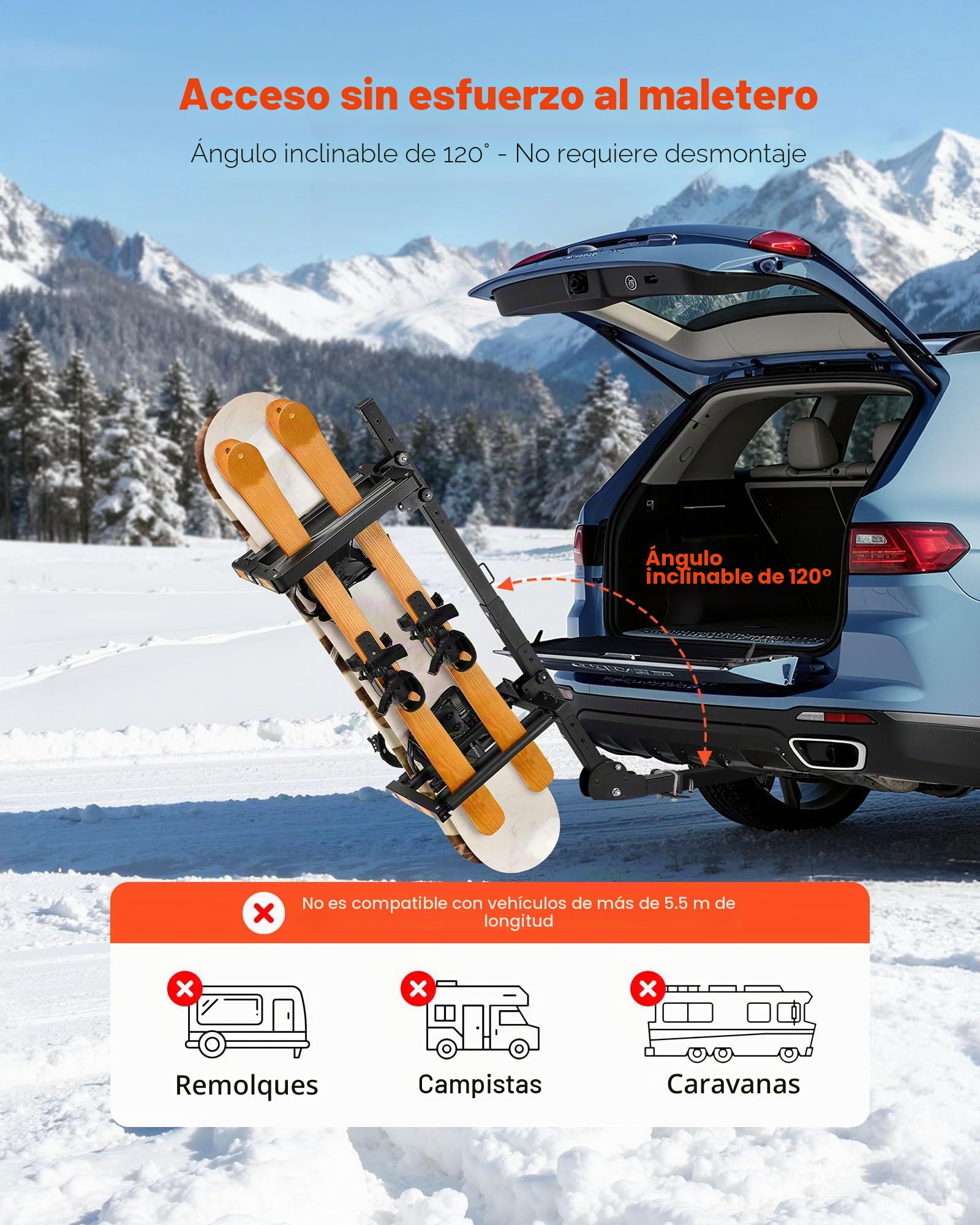 VEVOR Portaesquís de Techo, para hasta 6 Pares de Esquís/4 Tablas de Snowboard, con Cerradura con Cinturón de Seguridad y Acceso Inclinable, el Soporte Ajustable Se Adapta a la Barra de Remolque