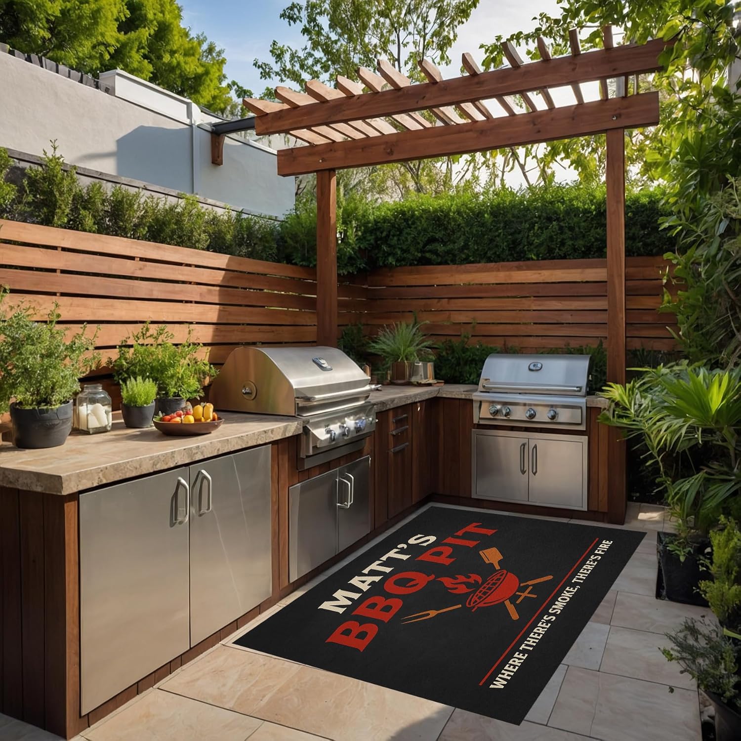 Personalized BBQ Pit Grill Mat – Custom BBQ Grill Rug for Outdoor Grill Area | Funny Backyard BBQ Mat Gift for Dad, Grandpa, Husband | Low-Pile Under Grill Mat with Anti-Slip Dotted Back