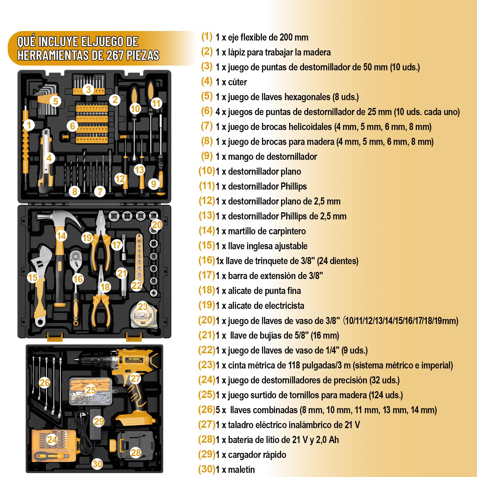 Caja de Herramientas 267 Piezas con Taladro Inalámbrico 21V, Taladro Atornillador y Batería 2.0 Ah, Juego Herramientas Eléctricas y Manuales para Bricolaje en Hogar, Maletín Organizador con Cajones