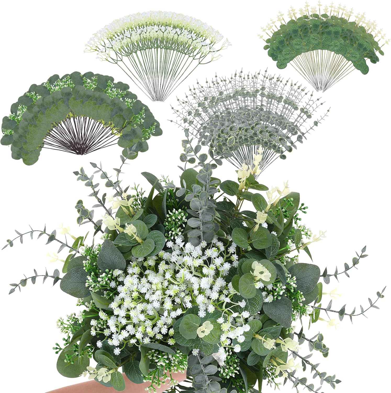 120 Pcs 4 Kinds Mixed Eucalyptus Greenery Stems, Fake Artificial Eucalyptus Stems Leaves and Baby Breath Artificial Flowers Bulk for DIY Bouquets Wedding Home Floral Centerpieces Home Decor