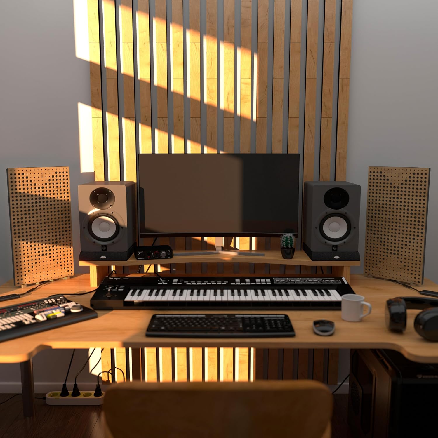 2 Pack — Narrow Acoustic Panels "WILDS-mini" with desktop standing lamp RGB Light | Mobile Acoustic Panels on LED Table Stand | for Studio, Gaming Room | 50x25cm | Color: Oak