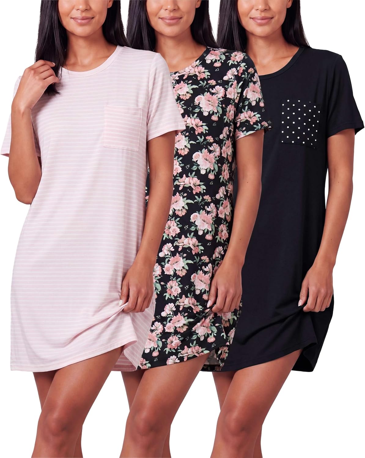 3 Pack Women's Nightgowns Short Sleeve Sleep Shirts Nightshirt Pajama Dress | Available In Plus Size, Soft, Cute Summer House Lounge Adult Ladies Nighties, Cooling Lightweight Stretch, Crew Neck Home