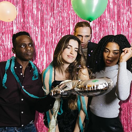 Miniatura 6 de Paquete de 2 telón de fondo rosa para decoración de fiesta, cortina de oropel para fiesta, telón de fondo de papel de aluminio con flecos,