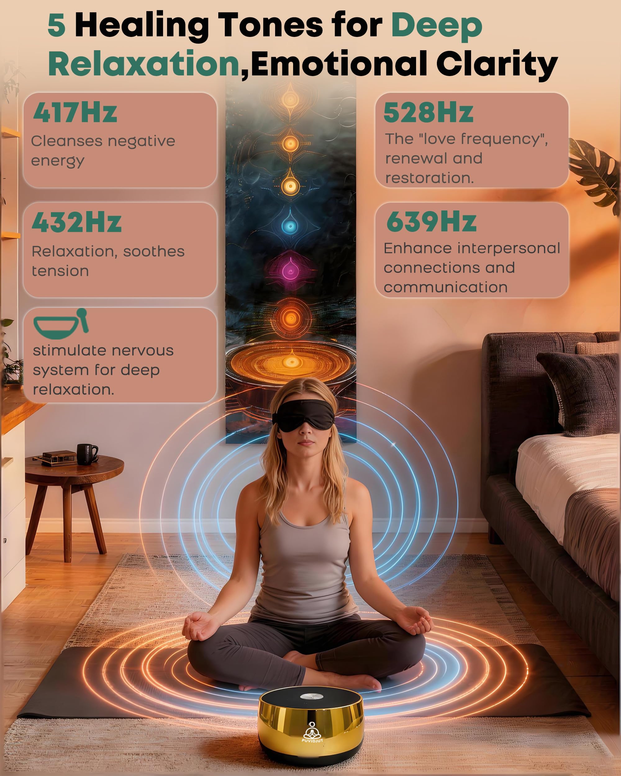 Campana tibetana elettronica portatile, 4 frequenze di guarigione (417-639 Hz) e tono della campana tibetana, ricaricabile tramite USB-C, strumento musicale per meditazione per yoga, relax, Reiki