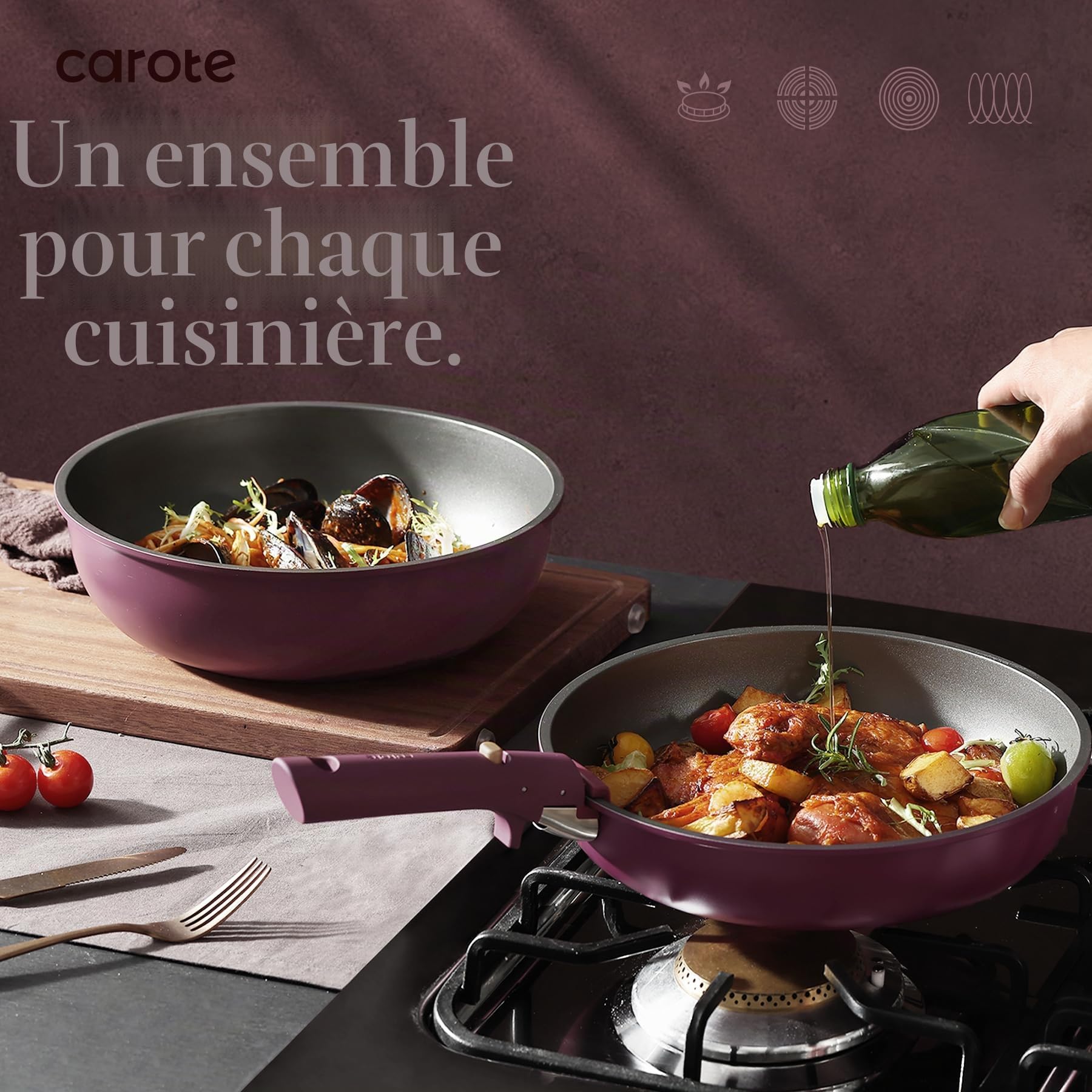CAROTE Batterie de cuisine antiadhésive 19 pièces avec poignée amovible, ensemble de cuisine doré pour camping-car, compatible avec tous les poêles