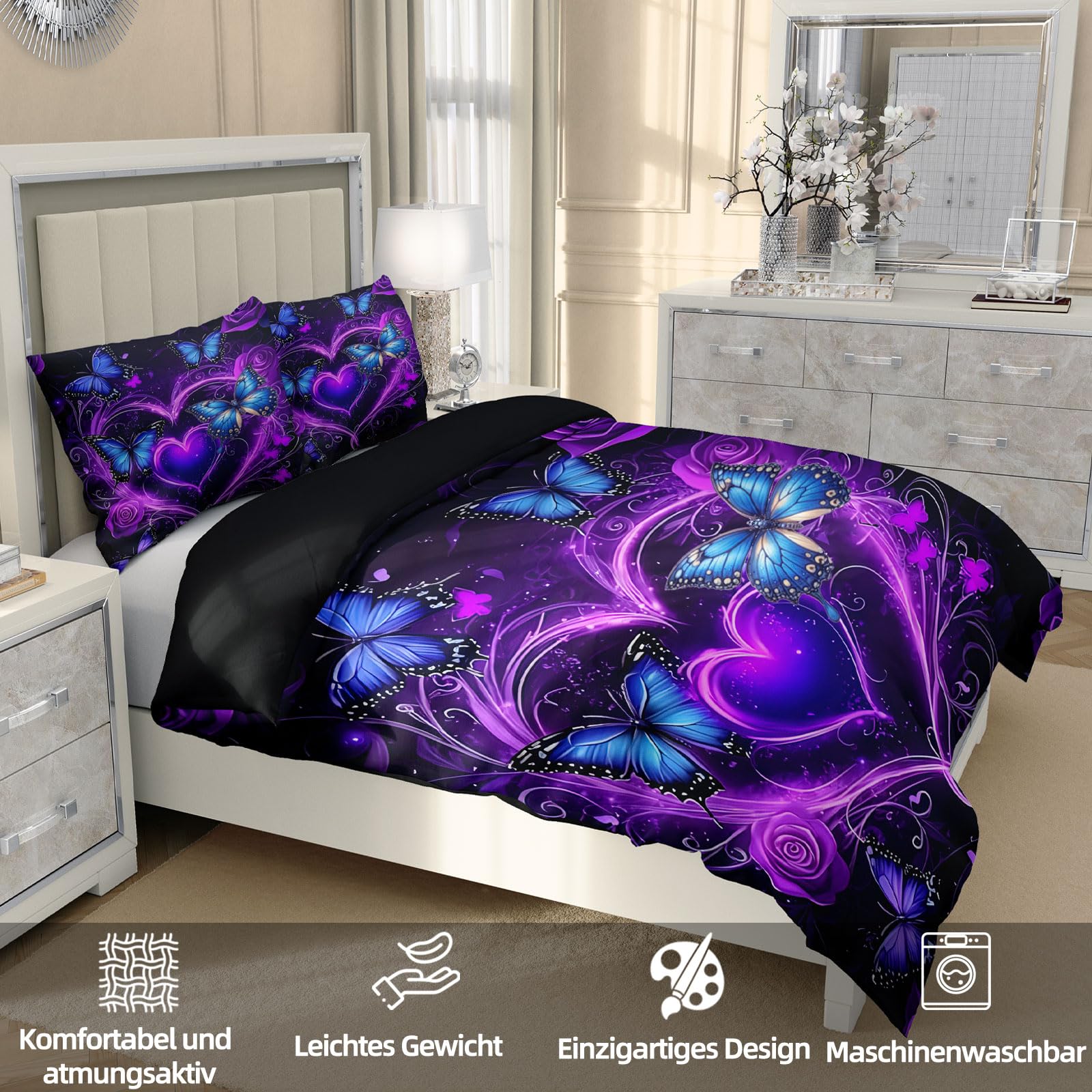 Funda Nórdica Mariposas 220x240, Suave y acogedora Ropa de Cama para Mariposa 3 Piezas,1 Funda nórdica con Cremallera y 2 Fundas de Almohada de 50 x 75 cm (Mariposas-3, 220x240cm)