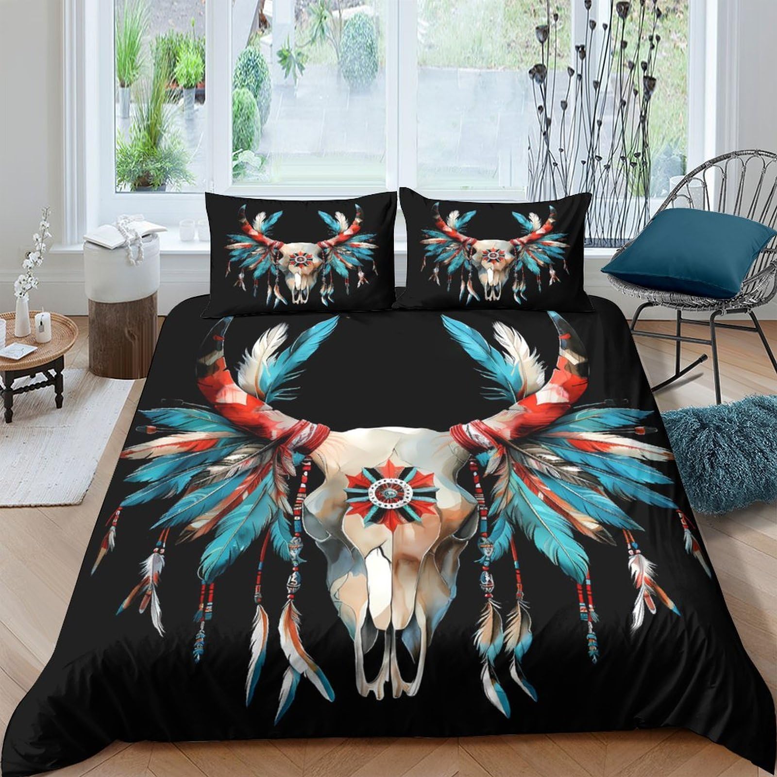 Ctjqhvkz Style-8 3D Printed Bull Skull Fitted Sheet Microfiber Soft Ethnic Feather Bed Cover For Bedroom Dorm Mattress Decor Single（135X200cm）