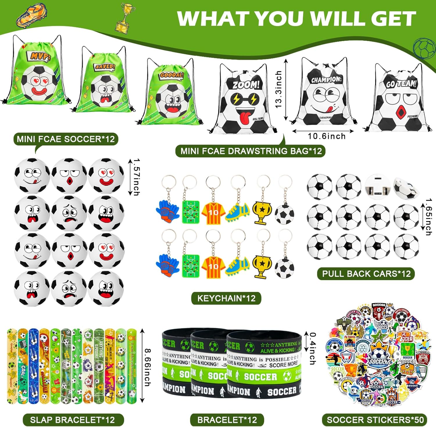 122 Pcs Soccer Party Favors for Kids - Themed Goodie Bag Set with 12 Funny Face Drawstring Bags & Stress Balls, Pull Back Cars, Wristbands, Slap Bracelets, Keychains, Stickers for Party Supplies - Image 2