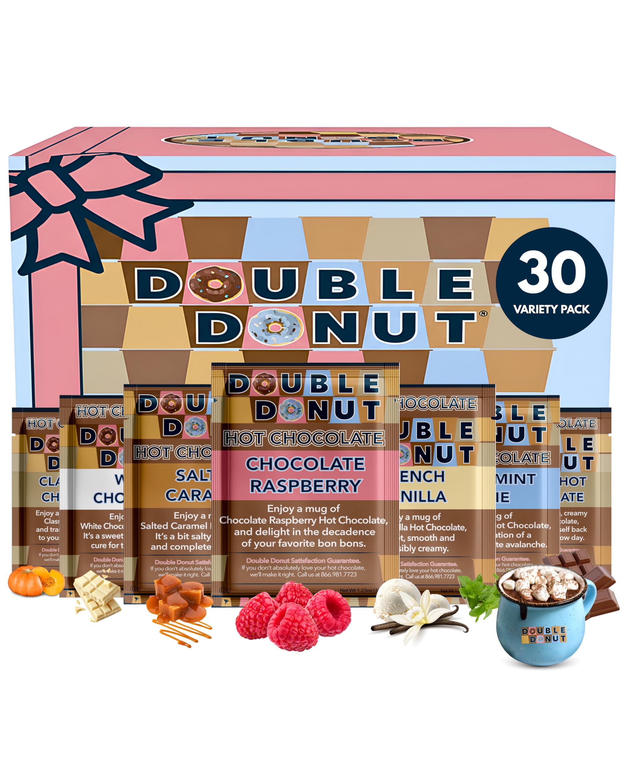 Double Donut Coffee Aromatisierte heiße Schokoladenpackungen, Gourmet-Kakaomischung, 30 Stück, inklusive klassischer, weißer Schokolade, Schokoladen-Himbeere, gesalzenem Karamell, französischer