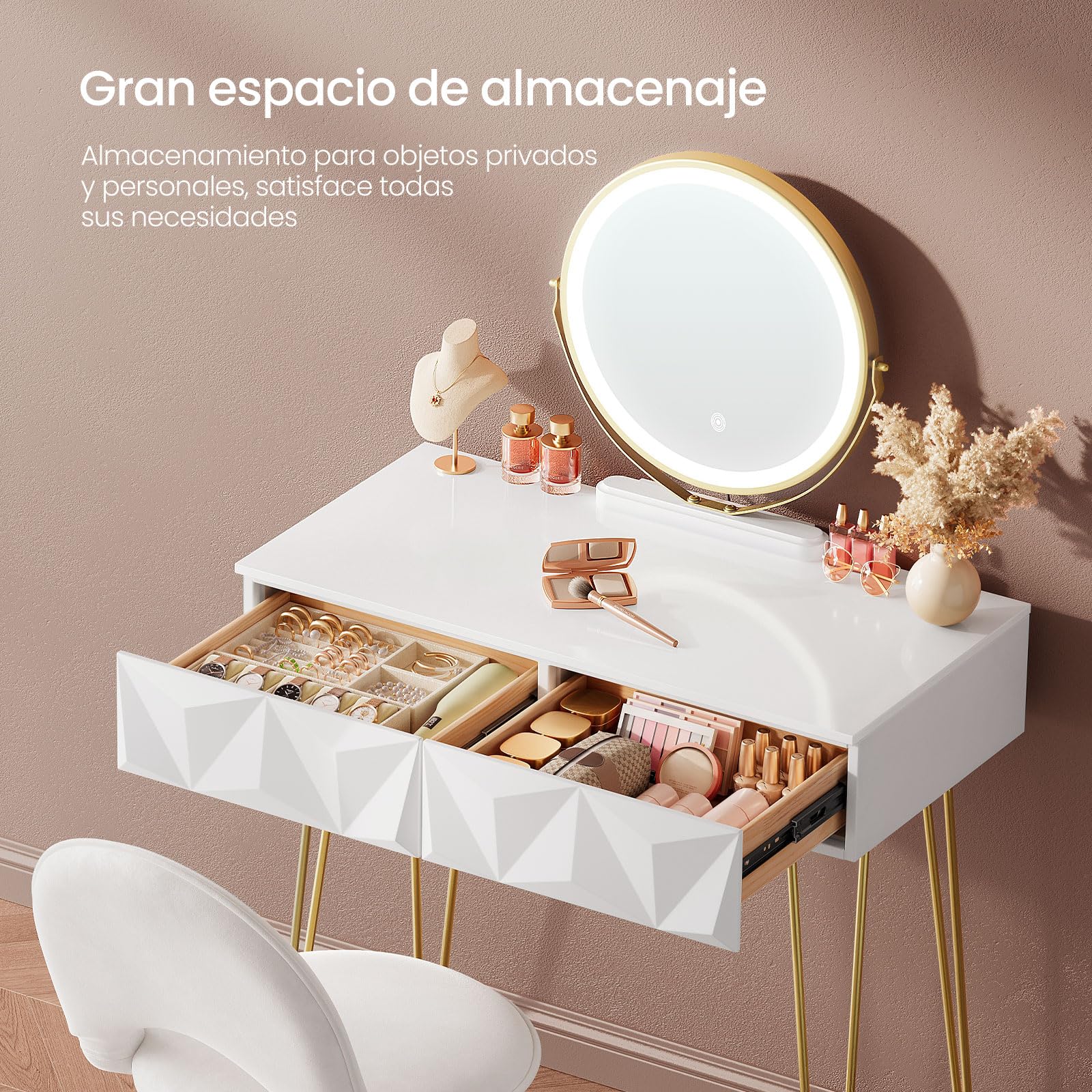 EUGAD Tocador de Maquillaje con Luz y Taburete, Conjunto de Tocador con Espejo con Silla Terciopelo, con 2 Cajones, Blanco + Dorado, 0056SZT