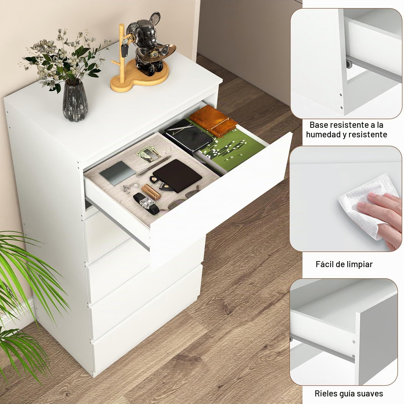Cajonera, Ancho 60 cm, Armario con 5 Cajones, Muebles Dormitorio, Ideal para Salón, Dormitorio, Habitación Infantil, Despacho, Blanco, 60 cm × 40 cm × 120 cm