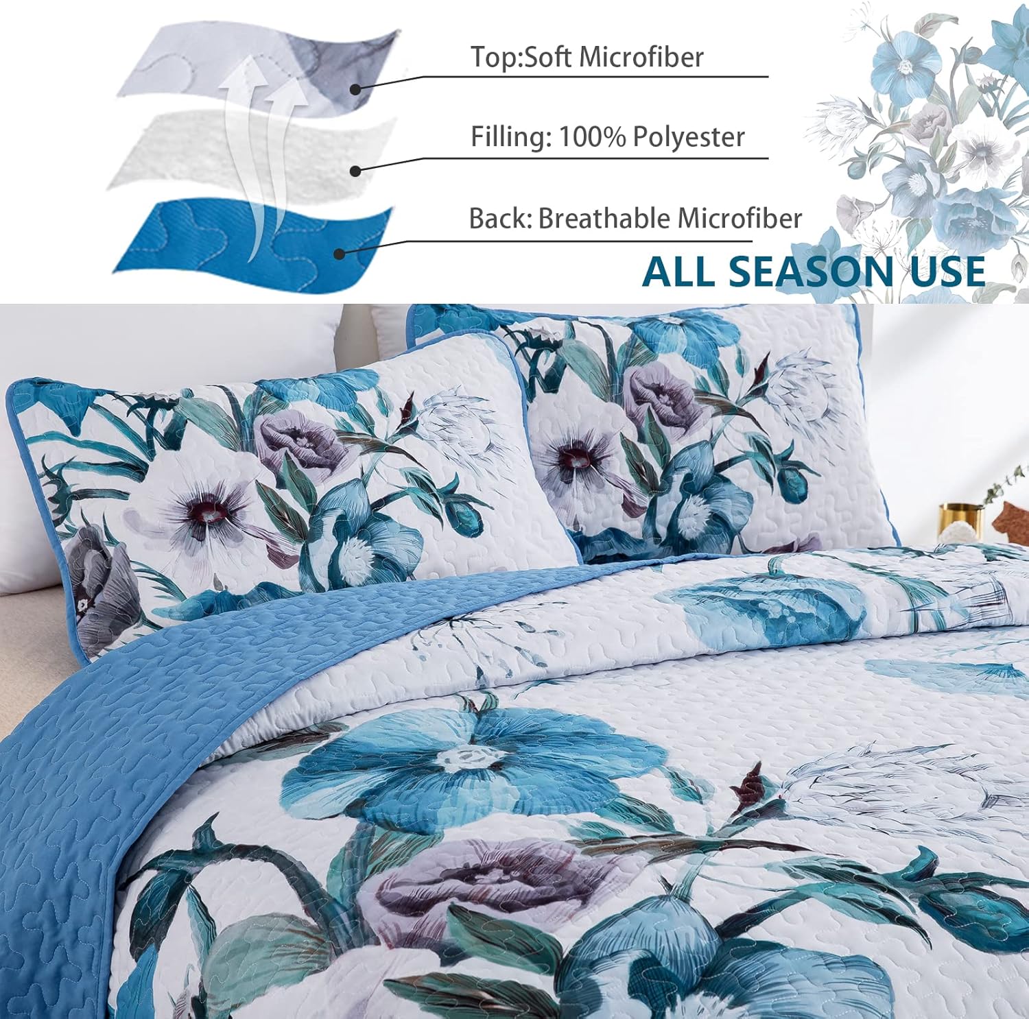Floral Quilt Set Queen 3 Pieces Boho Blue Floral Quilt Coverlet Set Soft Microfiber Lightweight Blue Quilted Bedspread for All Season 90"x96" - Image 4