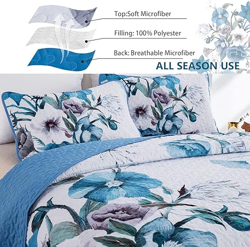 Miniatura 4 de Juego de edredón floral Queen de 3 piezas, juego de edredón floral azul bohemio, de microfibra suave, ligera, colcha acolchada azul para todas las