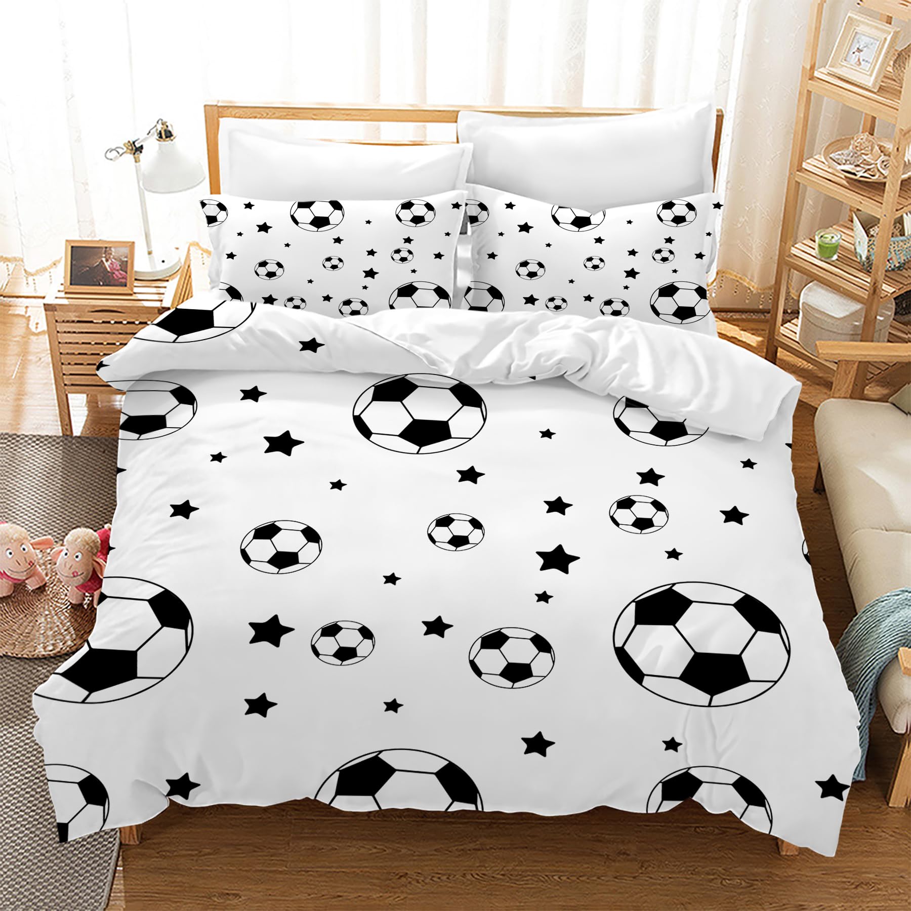 Gegeryozer Voetbal Dekbedovertrek 220 x 240 cm voor Kinderen 2-persoons Voetbal Beddengoed Set Microvezel Kinderdekbedovertrek met Twee Kussenslopen 50 x 75 cm (F01