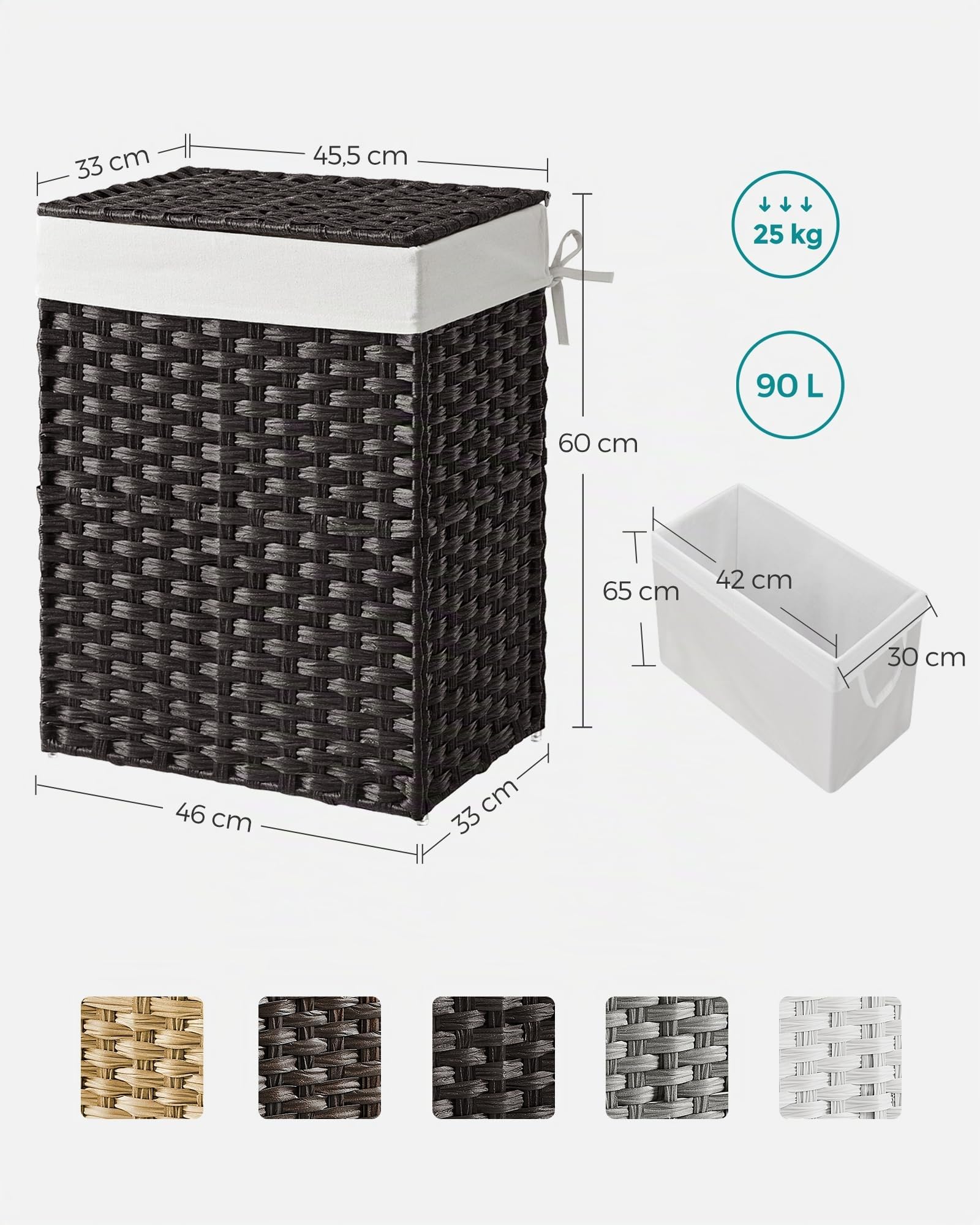 SONGMICS Cesta de Almacenamiento, Cesta de Lavandería de 90 L con Tapa, Plegable, Bolsas de Tela Extraíbles y Asas, para Mantas, Ropa, Salón, Dormitorio, Lavadería, Negro LCB51BK | Eliott LCB51BK - Cesto para lavandería trenzado extraíble con tapa y asas,
