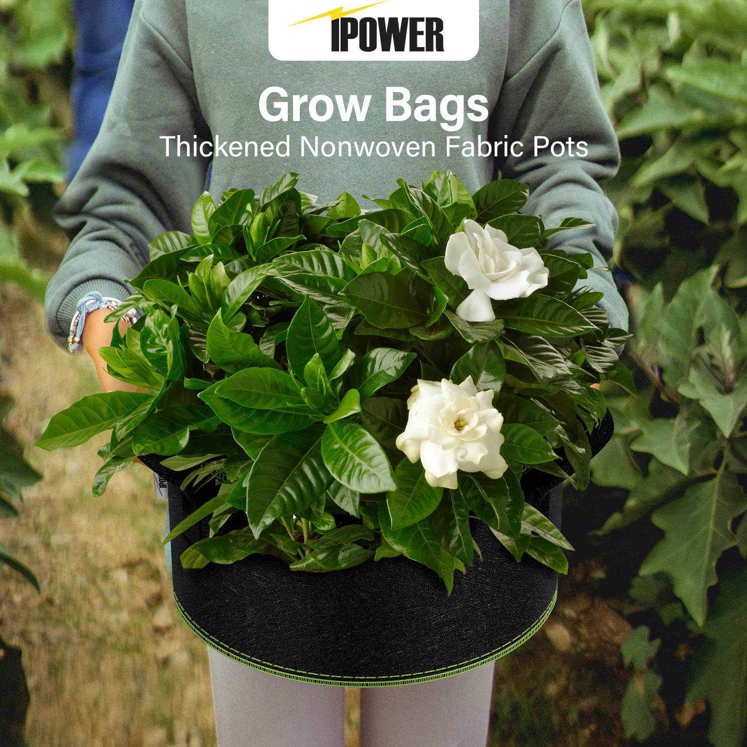 iPower Contenedor con Asas de Correa para jardín y Plantar Flores Vegetales, Negro con Costura Verde, 5 galones