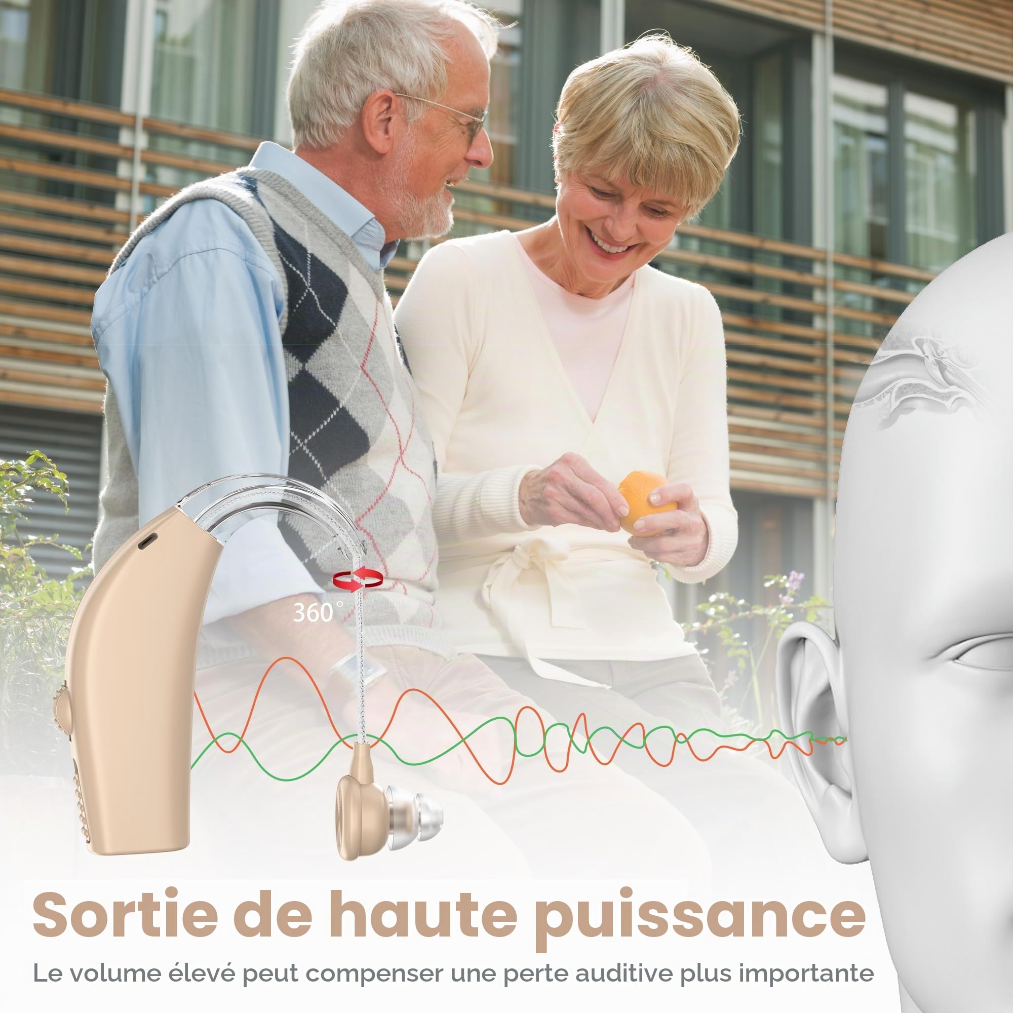 MEDca Appareil BTE numérique rechargeable avec réduction du bruit adapté aux adultes et aux personnes âgées, autonomie d'une journée, léger derrière l'oreille, peau, Beige