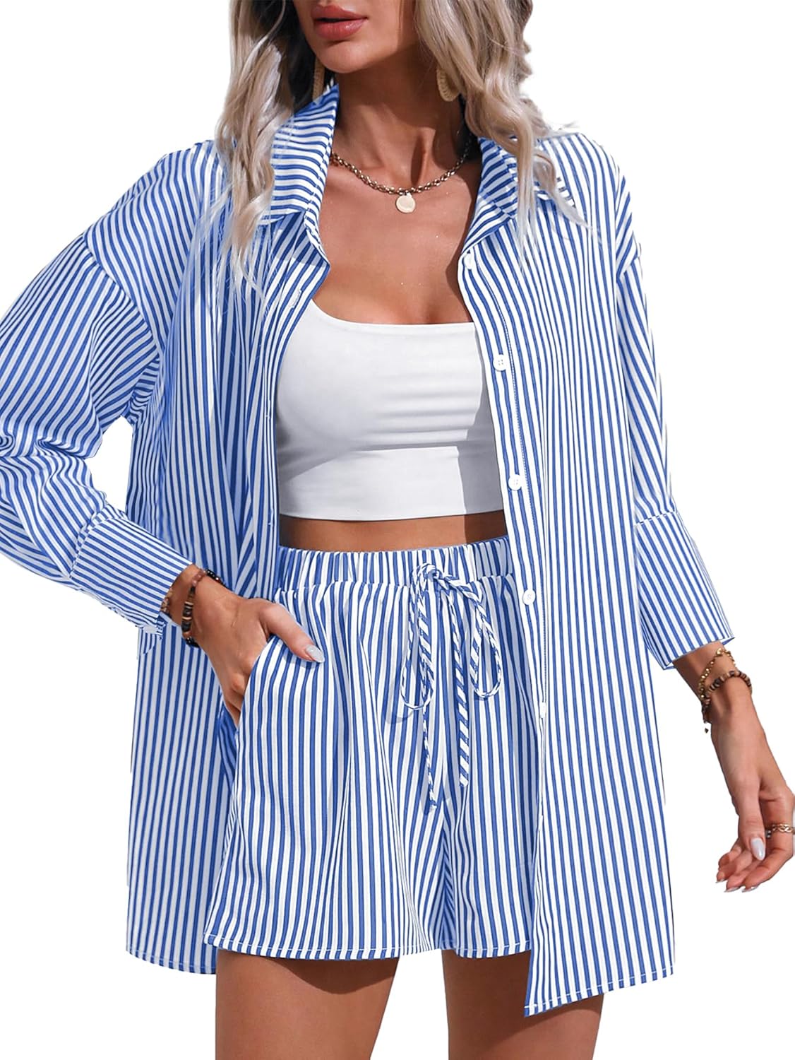 Sewius Women's 2 Piece Outfits Striped Button Down Long Sleeve Shirt Top and Drawstring Shorts Set