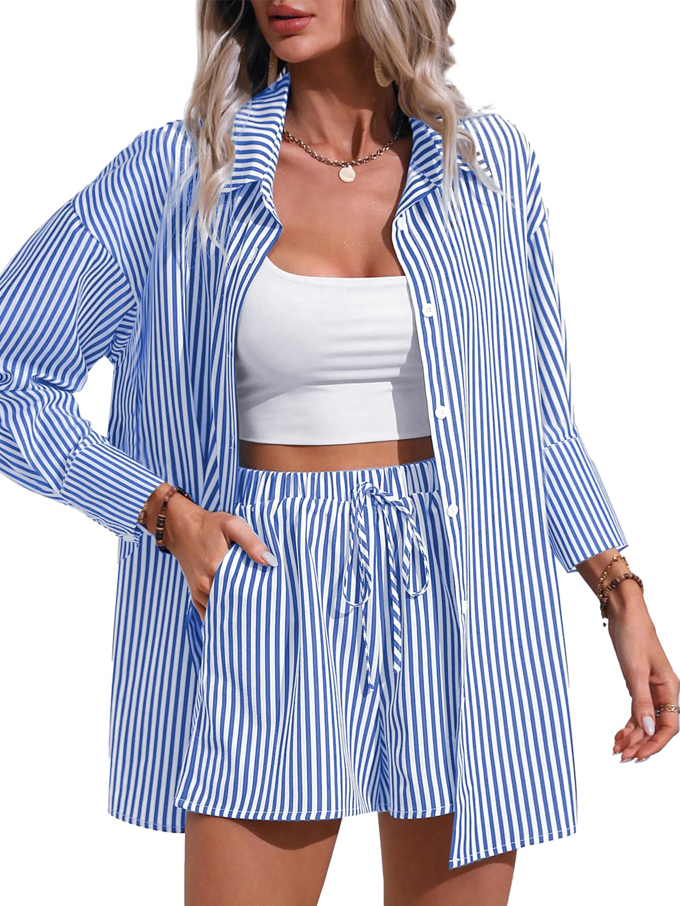 Womens 2 Piece Outfits Striped Button Down Long Sleeve Shirt Top and Drawstring Shorts Set