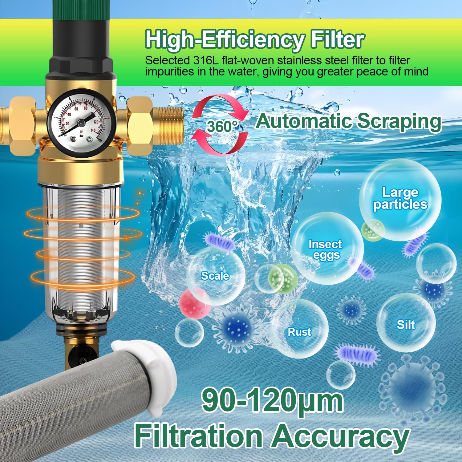 Reductor de Presion de Agua 3/4 Pulgadas con Filtro Aire Compresor Incorporado y Manometro Presion Agua Adecuado para Purificadores de Agua, Lavadoras Manometro Piscina y Grifos