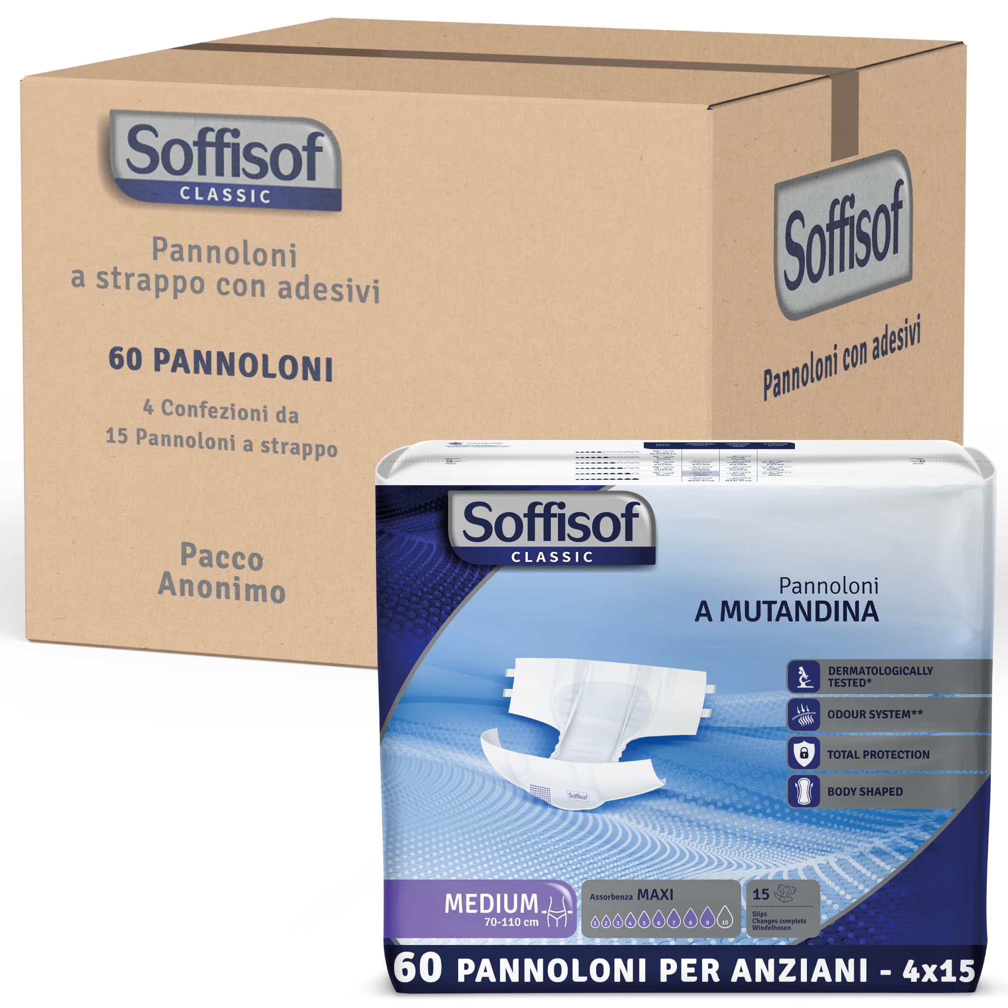 Soffisof Classic Pannoloni con Adesivi Maxi M - 60x Pannoloni per Anziani a Mutandina - 4 Confezioni da 15 Pezzi, Assorbenza fino a 9 Gocce - Ausili Incontinenza Uomo e Donna
