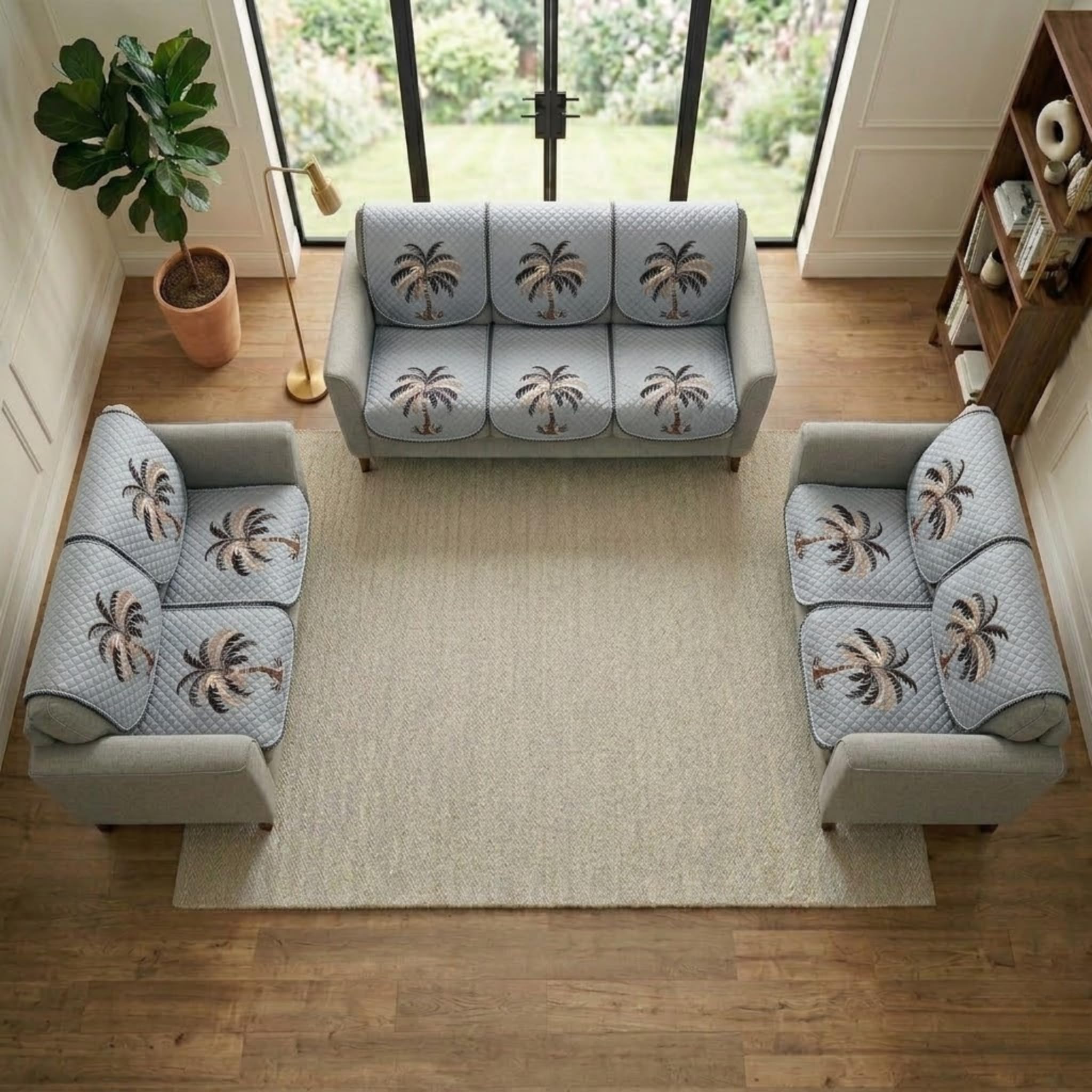 Designer Velvet Sofa Cover 7 Seater 3+2+2 Pack of 14 Premium Sofa Cover Set Soft Washable Furniture Protector for Living Room Decor (Grey Tree)-image-24