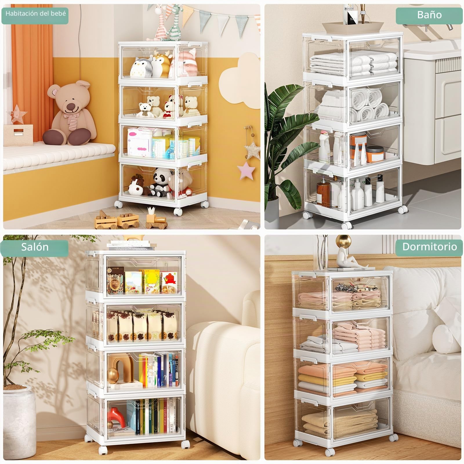 Cajas de almacenamiento con tapa – Cajas apilables de plástico de 4 niveles, 23 L, transparentes, grandes contenedores organizadores para dormitorio, salón, baño, 4 capas y 1 tapa
