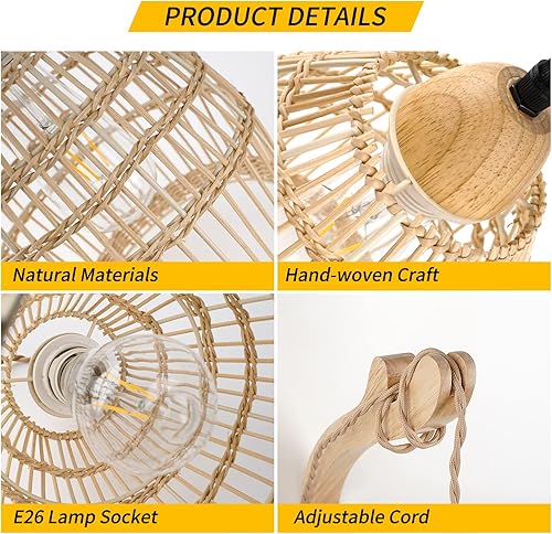 Miniatura 5 de Frideko - Juego de dos apliques de pared de mimbre enchufables, lámpara de pared de ratán con cable enchufable, accesorios de pared de granja con