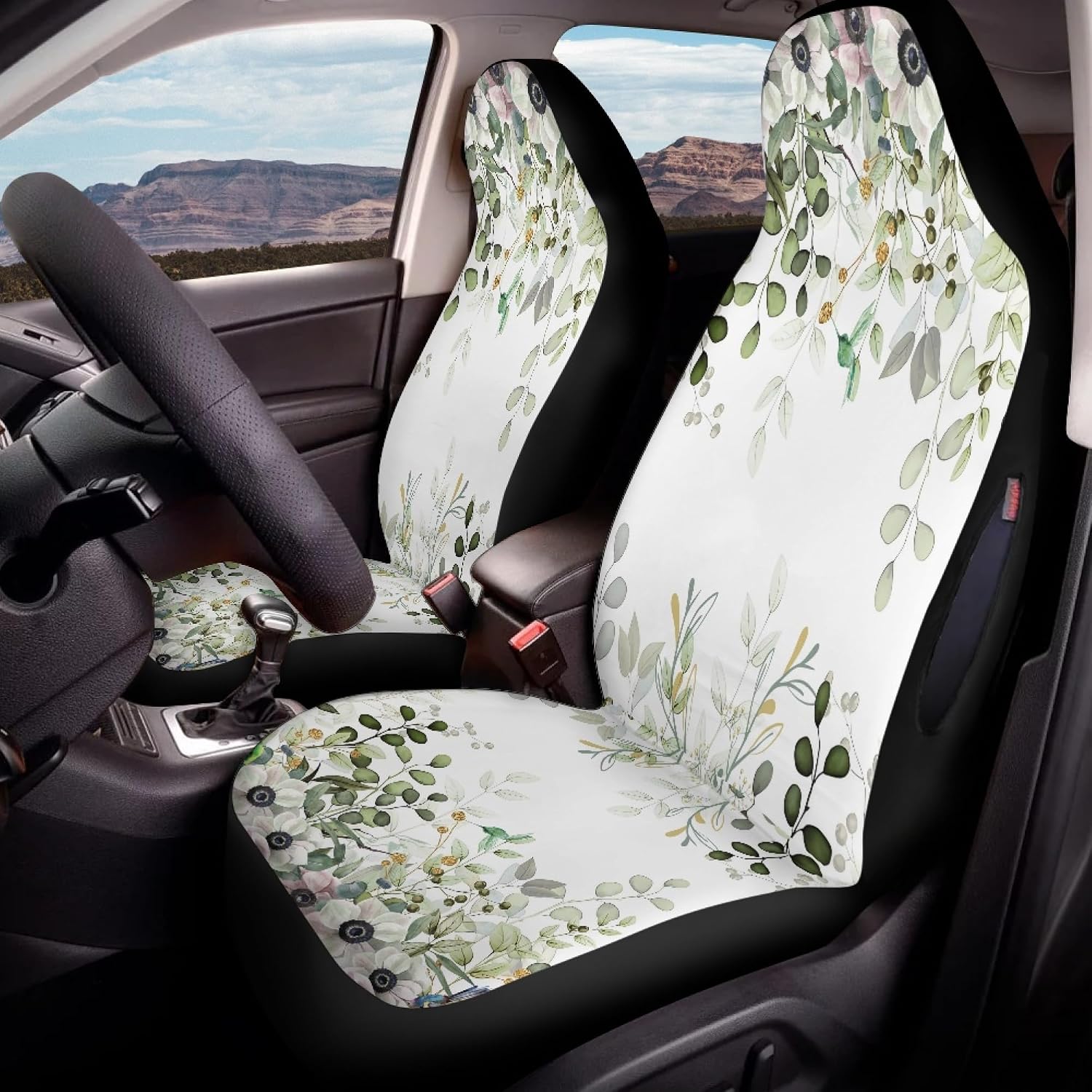 Sage Green Eucalyptus Leaf Car Seat Cover Front Seats Only, 2 Pack Green Flower Print Full Coverage Waterproof Dirt Scratch Resistant Automotive Seat Protectors for Cars SUVs Sedans Trucks Auto Decor