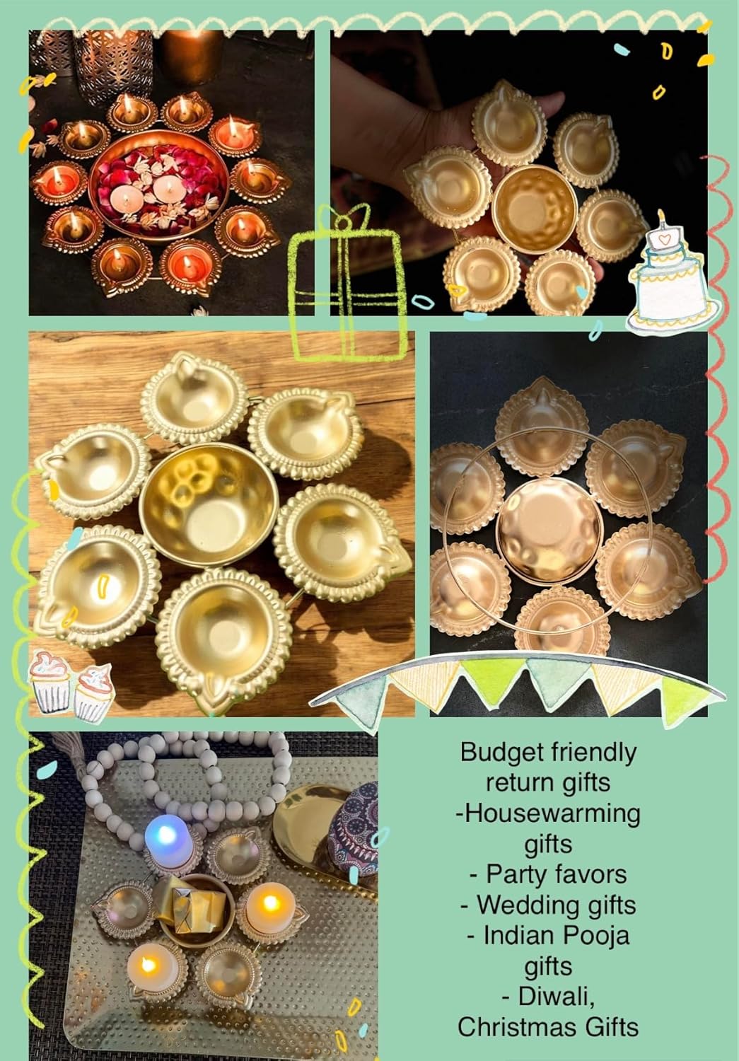 Pack of 6 Ganesha Pichwai Potlis with Diya Urli Bowl(7.5 inch) Combo Set- Indian Return Gifts for Pooja Bulk, Return Favors for House warming Sankranti Tambulam Indian Wedding Favors Diwali Gift Bags