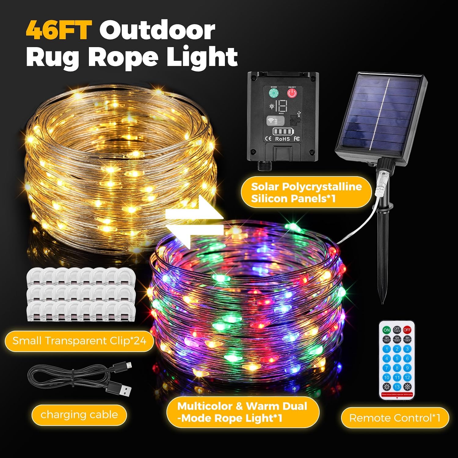 Solar Powered LED Rope Light for Outdoor Rug, 46FT Patio Floor Lights with Warm White & Multicolor for Backyard Deck Decor, Solar & USB Recharge, Remote Timer, Waterproof, 24 Rug Clips Included
