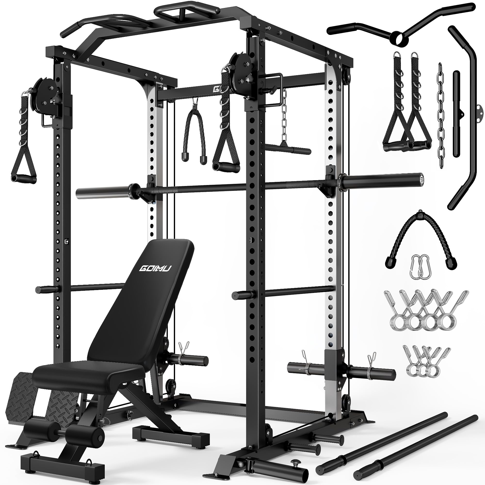 DP01 Power Cage, 2000LBS Squat Rack with Cable Crossover and Dual Independent Pulley System, Full Cage for Full Body Training, Power Rack with More Training Attachments for Home Gym
