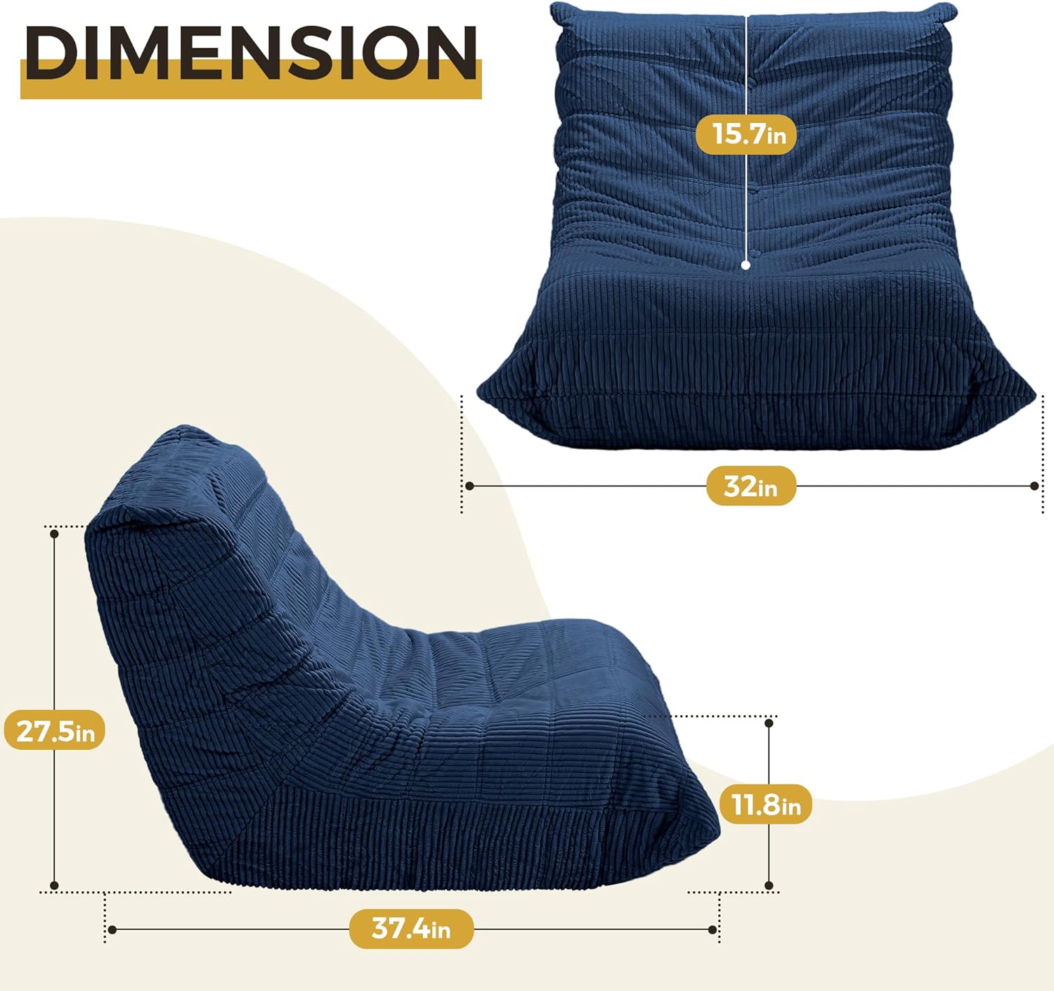 Bean Bag Chairs for Adults, Memory Foam Couch Sofa Chair,One-piece Foam Padding,Cozy Corduroy Material Bean Bag Chair,Bean Bag Sofa for Reading in Bedroom Living Room and Dorms,Blue