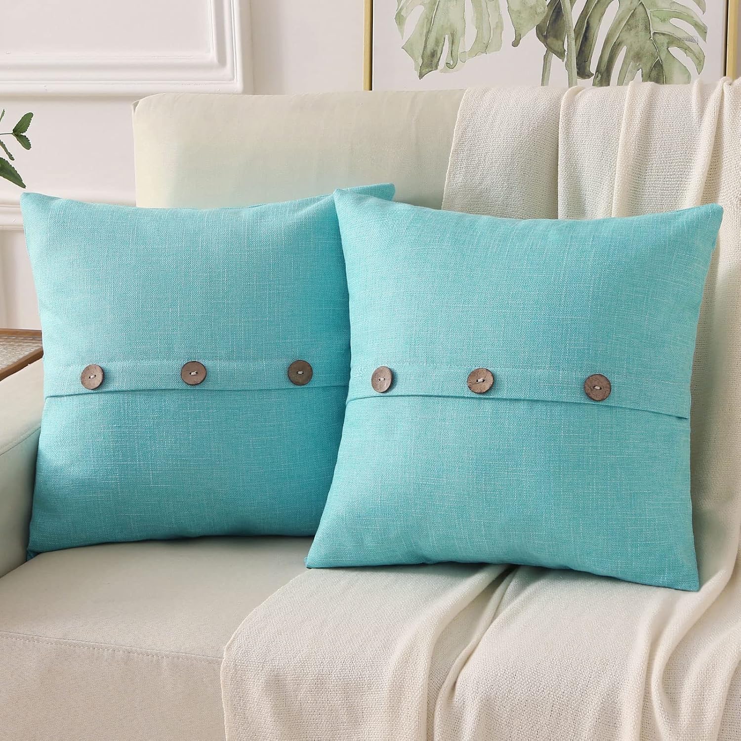 HAUSSY Turquoise Linen Decorative Throw Pillow Covers 18x18 Inch Set of 2,Square