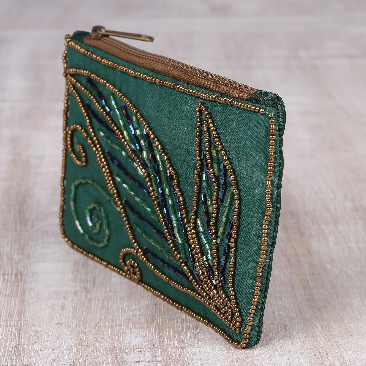 NOVICA Artisan Handmade Beaded Clutch Pine Green Cotton Silk with Leaf Motif Beading Handbags Clutches Evening Patterned India Embellished Tree ' Enchanting'
