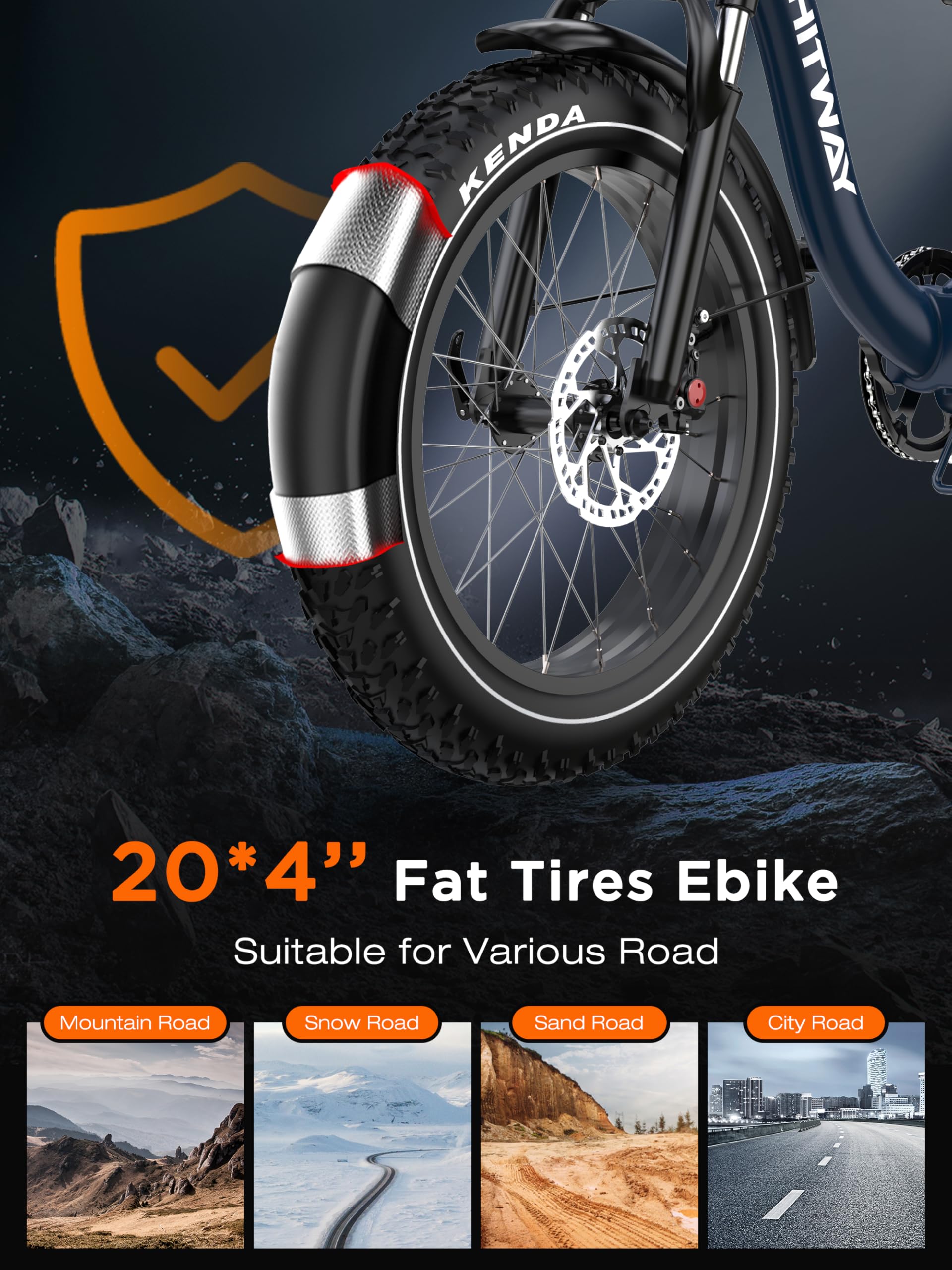 HITWAY Vélo Électrique, VAE 20" Fat Bike avec Batterie 48V 27Ah et Autonomie de 110–150 km, EBike de Ville avec Double Panier de Transport, Moteur 250W, 25 km/h, Transmission 7 Vitesses-BK6S Plus | Batterie 48V 27Ah, pneus Fat Tire 20", freins hydraulique