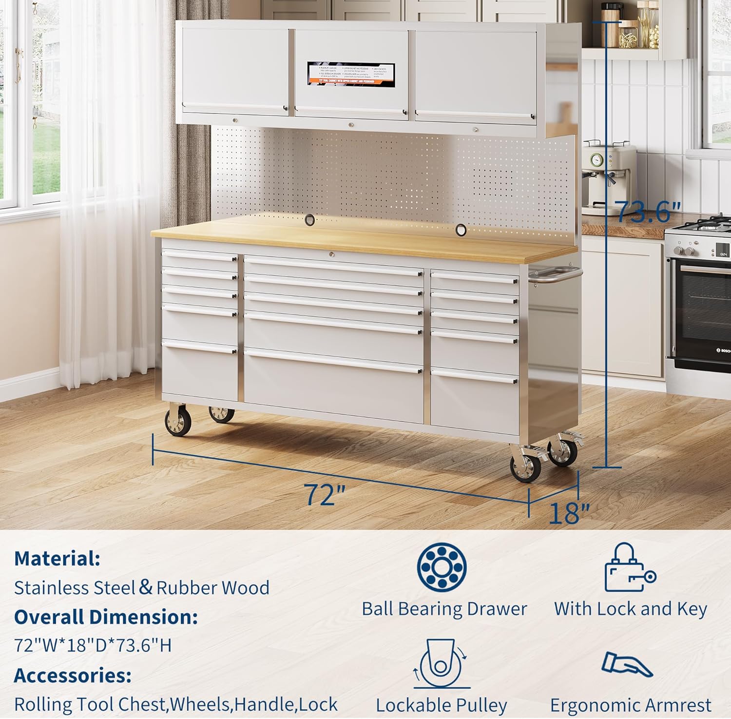 IDEALHOUSE 72 inch Rolling Tool Chest, Garage Workbench with 15 Drawers, Solid Rubber Wood Top & with Wheels Lock Key Locking, Mobile Workstation Tool Cabinet for Workshop Storage