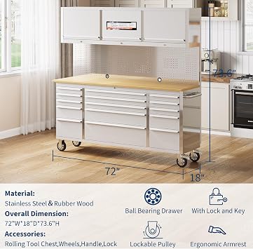 Heavy-Duty 72 Inch Stainless Steel Tool Chest - 15 Lockable Drawers - Mobile Storage Cabinet with Drawer Liners and Wheels - Ideal for Garage, Workshop, Kitchen - Silver