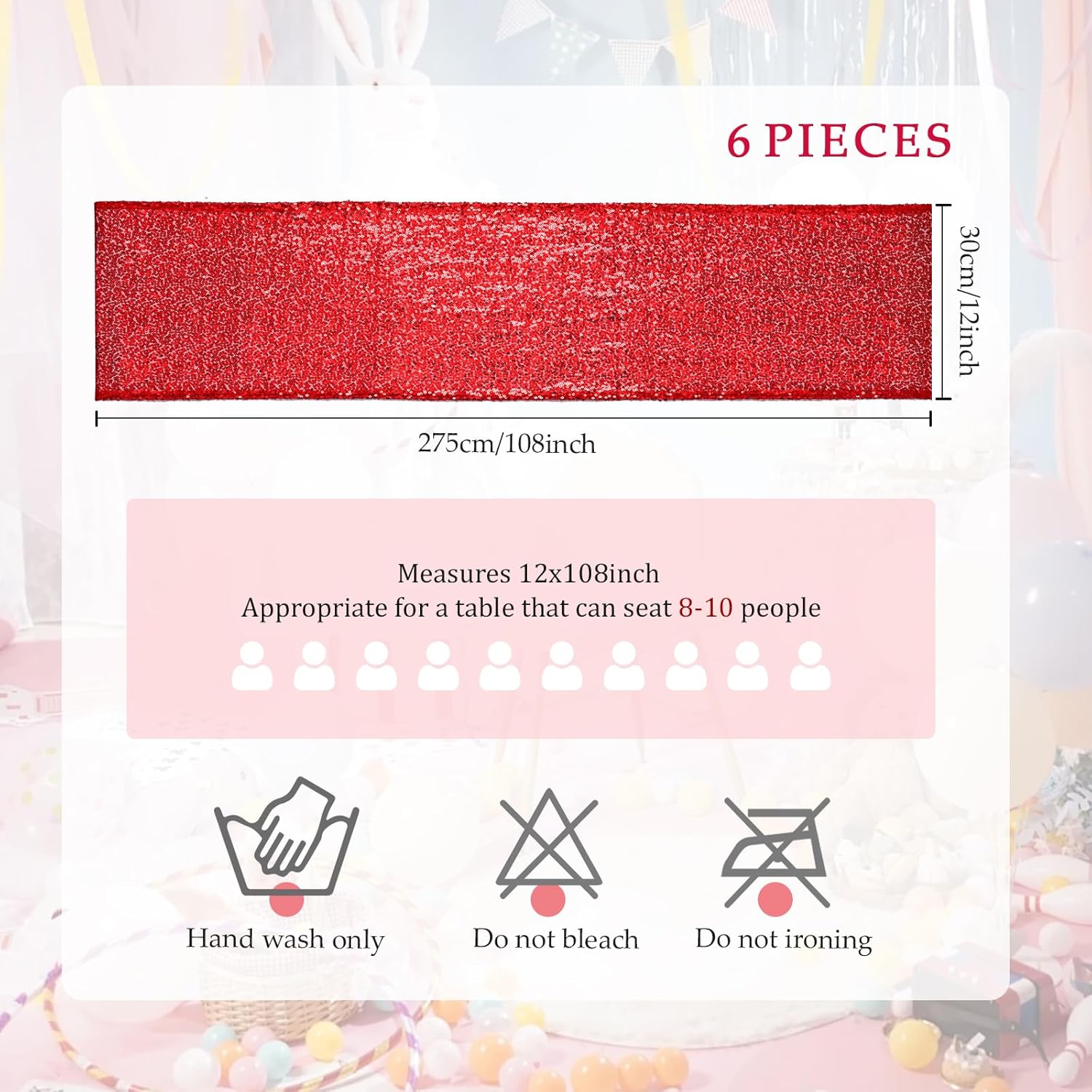 54 Pieces of Red Sequin Chair Ribbons and Table Runners, 48 ​​Sequin Chair Bows, 6 Glitter Table Runners, Suitable for Wedding Parties Birthday Meeting Events Decorations (Red)