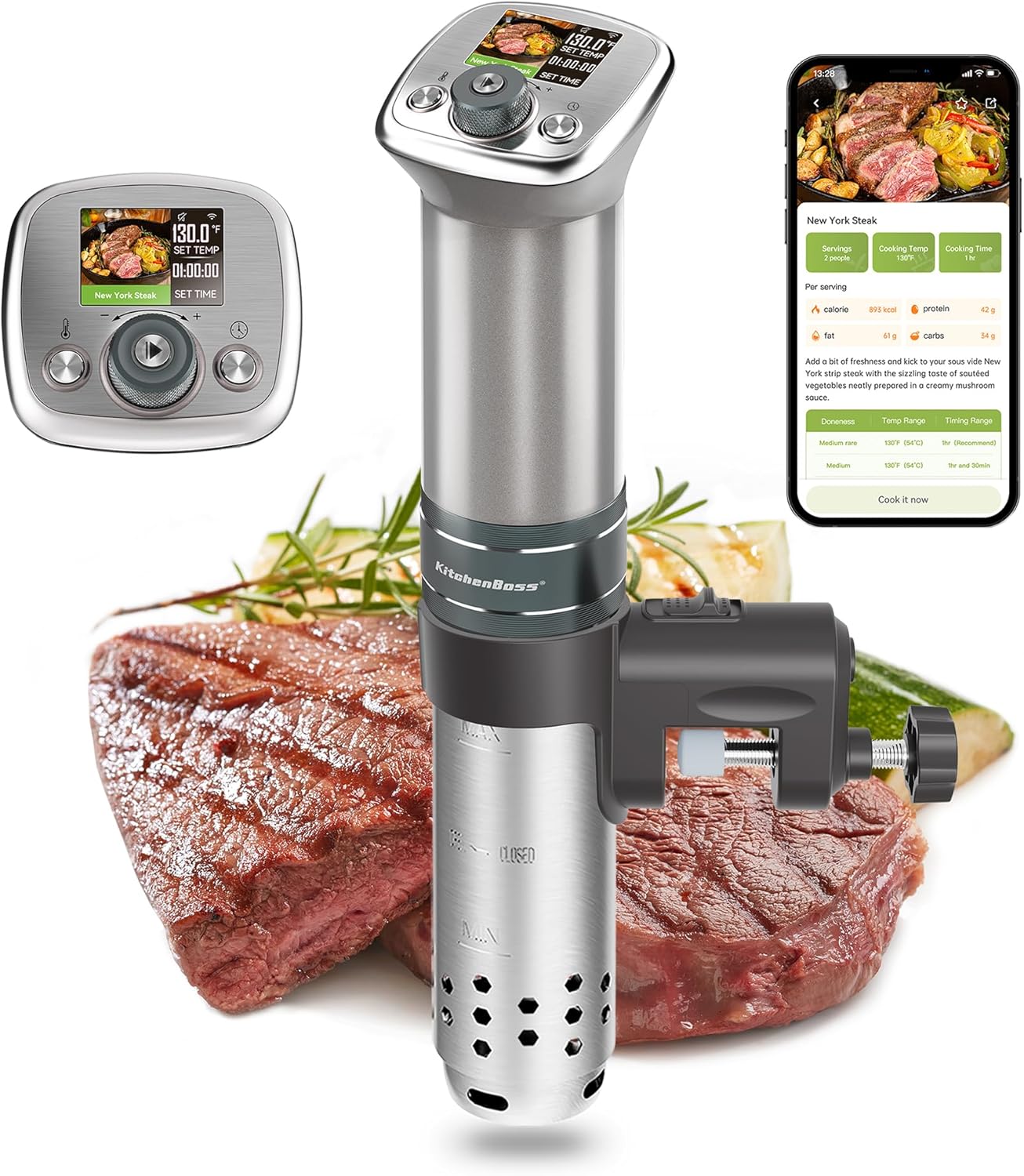 KitchenBoss WiFi Sous Vide Cooker with TFT Color Display, 1100W Immersion Circulator, Waterproof, APP Control, Silver