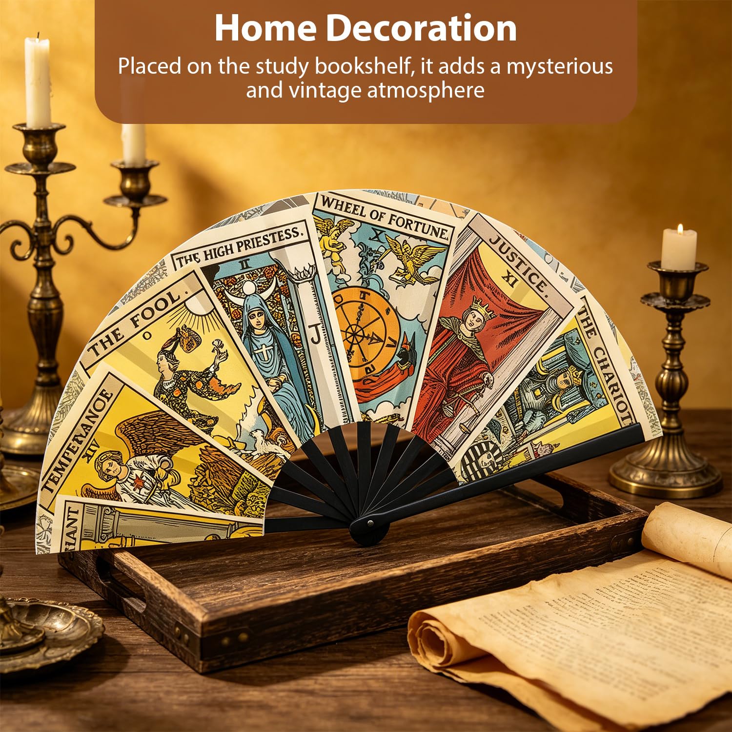 Éventail de tarot, éventail mystique avec motifs de cartes de tarot, pour festival, marché médiéval, cosplay et costume de fête, cadeau pour les amateurs de divination