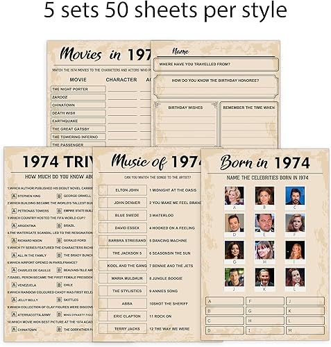 Miniatura 4 de QUPT Juegos de fiesta de 50 cumpleaños, juego de 5 actividades para 10 invitados, paquete de juegos nacidos en 1973, suministros de fiesta de