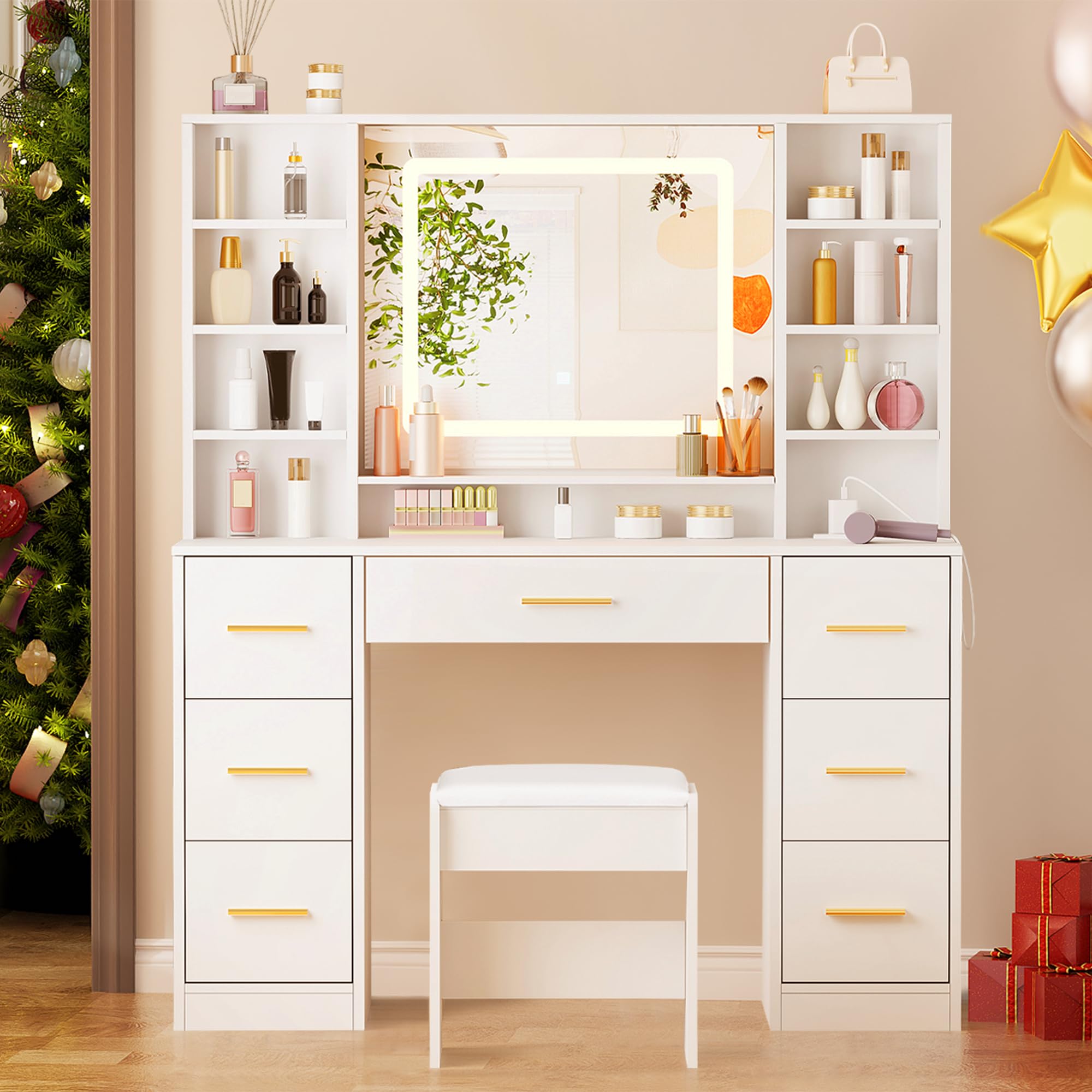 ANWBROAD Grande Coiffeuse avec Miroir et Tabouret Éclairage LED Réglable 3 Couleurs et Prises Blanche Moderne 7 Tiroirs 4 Étagères Rangement Ouvertes Coiffeuse 140x100x40cm BDT65W