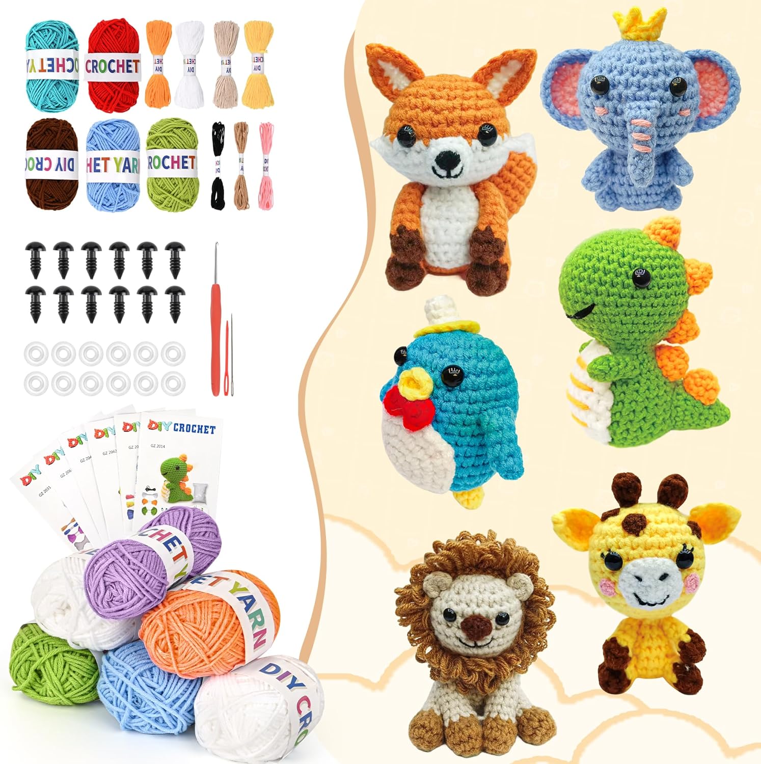 BOLDNOVA Knitting Kit for Beginners with 6 Pcs Crochet Animal Kit for Beginners in Step by Step Video Tutorials, Beginner Crochet Kit for Adults (A)