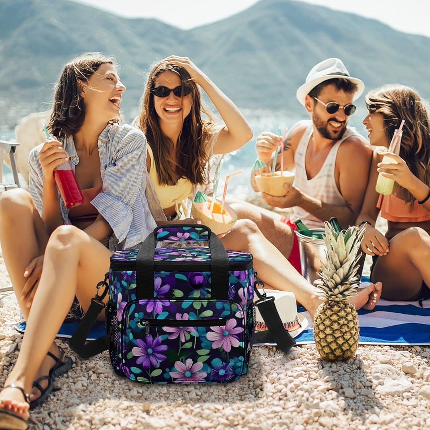 Large-Capacity Oxford Cloth Purple Camellia Printed Camping Ice Bag, Outdoor Portable Insulation and Cold Storage Bag, Enjoy A Cool Camping Time