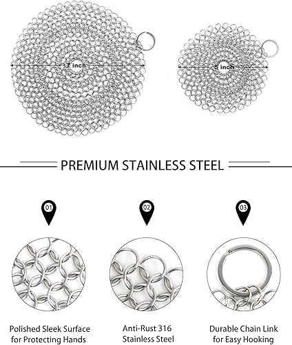 Miniatura 5 de Limpiador de sartén de hierro fundido, paquete de 2 unidades de acero inoxidable de alta calidad para sartenes de hierro fundido, acero inoxidable,