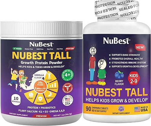 NuBest Paquete de crecimiento y bienestar de altura con proteínas en polvo para niños y adolescentes con sabor a base de plantas de vainilla, 10