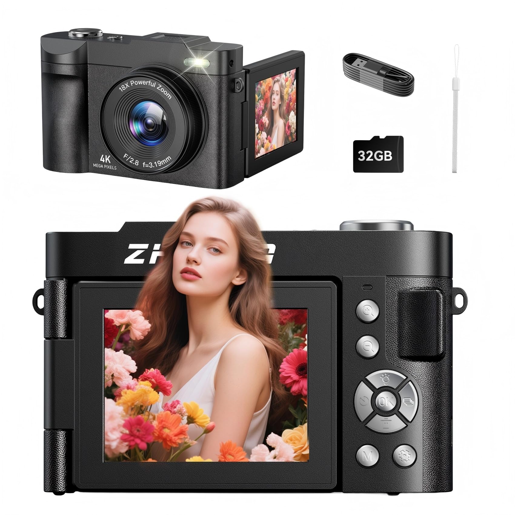 4K Digital Camera for Photography Autofocus, 50MP Vlogging Camera Kids with 2.8'' 180° Flip Screen 18X Zoom 32G Card Compact Point Shoot Cameras Anti Shake Flash Video Photo Batteries Girls Boys Black