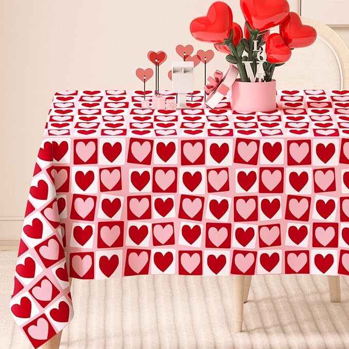 AnyDesign Valentine's Day Rectangle Tablecloth Red Pink Heart Fabric Table Cloth Washable Table Cover for Wedding Anniversary Holiday Picnic, 60 x 104 Inch