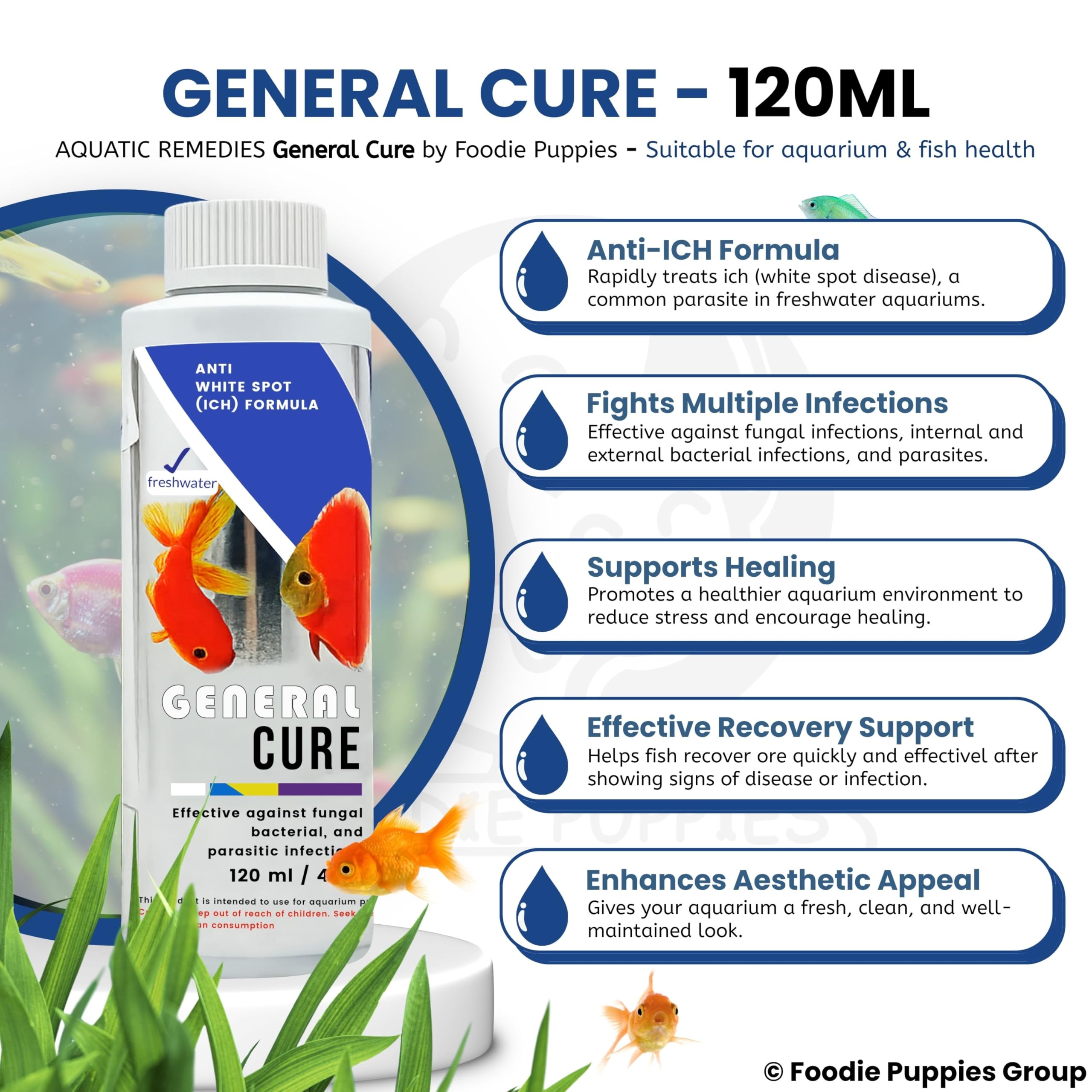 Foodie Puppies Aquatic Remedies General Cure - 120ml | Suitable for Fresh Water System | Anti White Spot Formula | Aquarium Water Medicine 1
